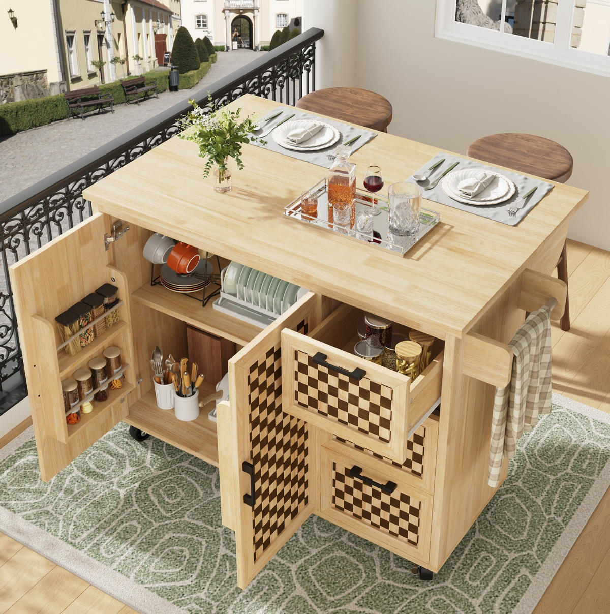 KÜCHENINSEL 120x45x92cm Natur mit Klapptisch & 3 Schubladen - Naturfarben, Holzwerkstoff (120/92/45cm) - Modfu