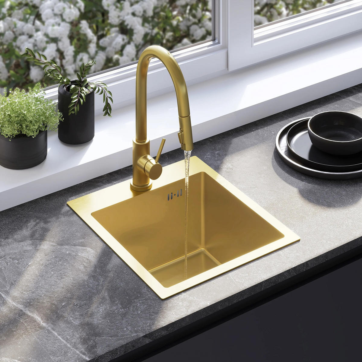 STAHLSPÜLE Mit 3-teiligem Zubehörset Rea Leo 40 Brush Gold Graue Accessoires - Goldfarben, Metall (40/18.5/45cm) - REA