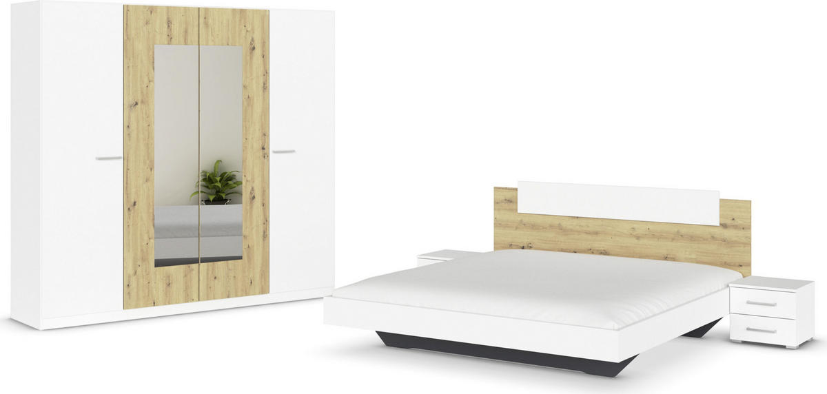 SCHLAFZIMMER Borba in Weiß und Eiche 4 teilig – mit Bettanlage 180x200cm, zwei Nachttisch und Drehtürenschrank 225cm Breite - Weiß, Holzwerkstoff (80/200/120cm)