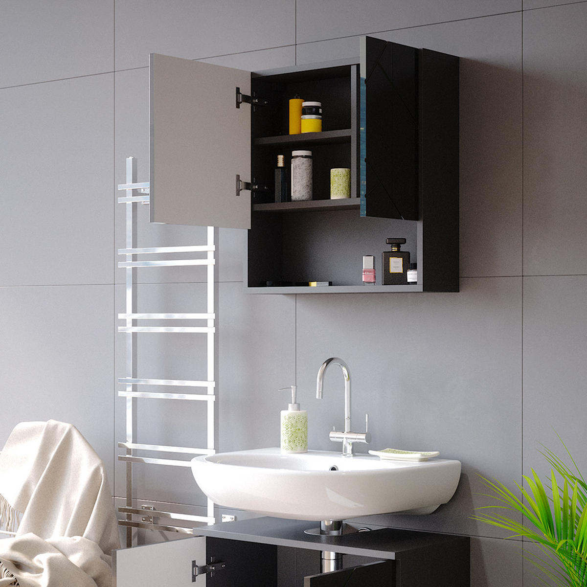 BADSPIEGELSCHRANK Irma Anthrazit Hochglanz 54 x 55 cm - Anthrazit, Holzwerkstoff (54/55/16.9cm) - Vicco