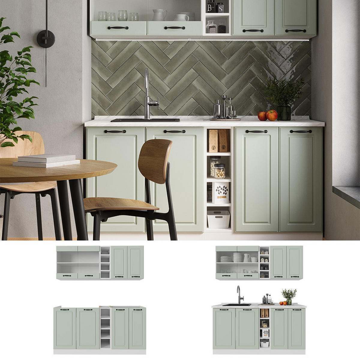 SINGLEKÜCHE R-Line, Mint Landhaus/Weiß, 160 cm ohne Arbeitsplatte - Weiß/Grün, Holzwerkstoff (160/81.6/46cm) - Vicco