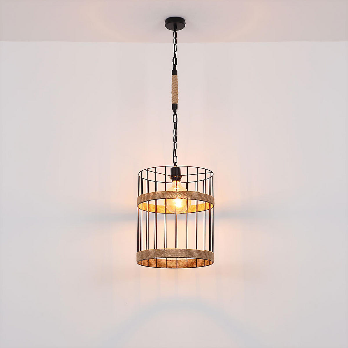 HÄNGELEUCHTE Gitteroptik Schwarz Hanfseil - Schwarz, Metall (35/35/145cm) - Globo Lighting