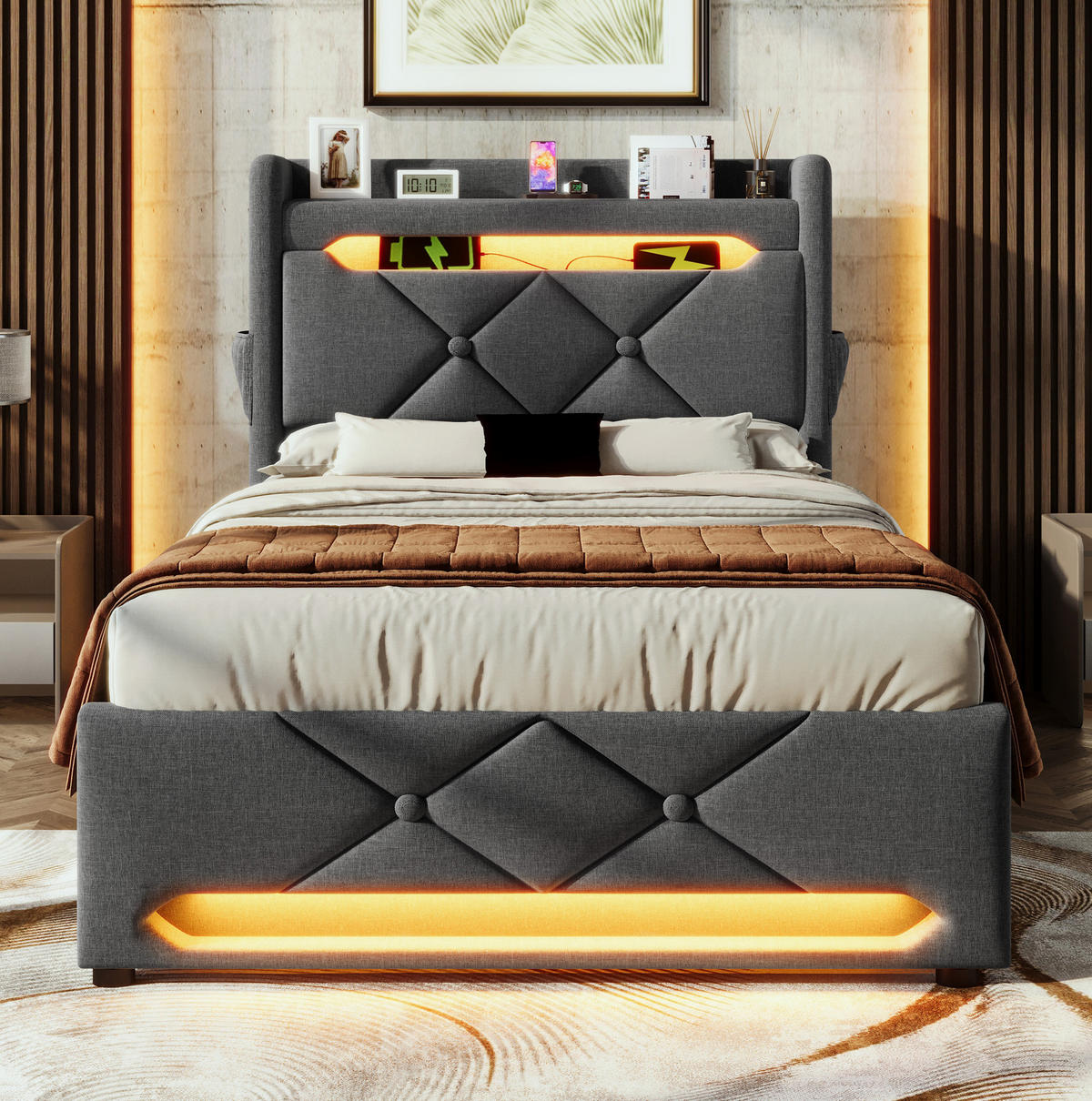 BETT mit LED, USB und Stauraum 90x200 cm Leinen Grau - Grau, Metall (90/200cm) - Meubliv