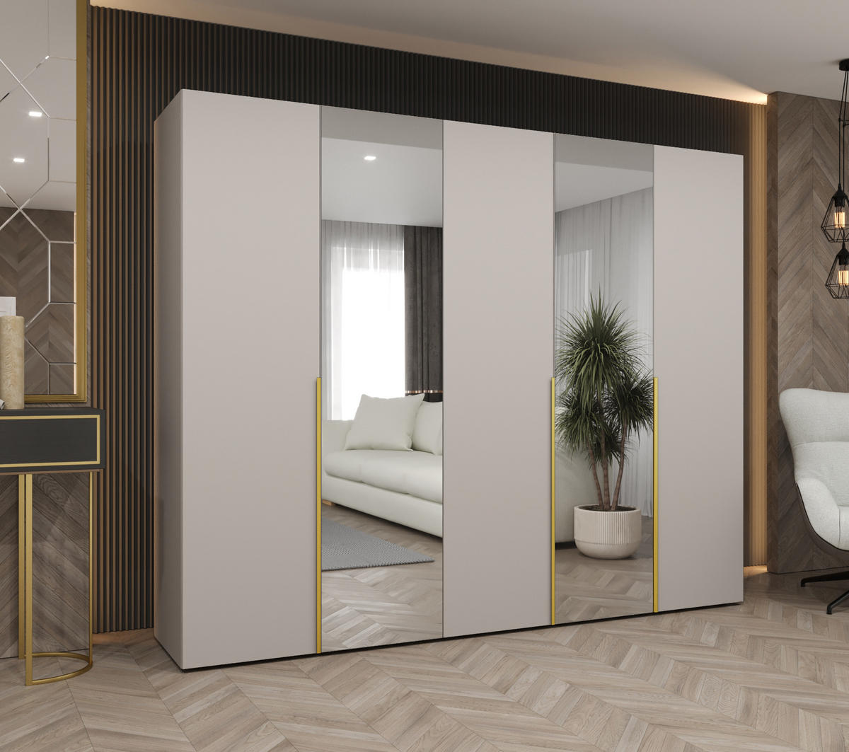 DREHTÜRENSCHRANK 202/250/52 5-türig - Kaschmir/Goldfarben, Holz (250/202/52cm) - Abiks Möbel