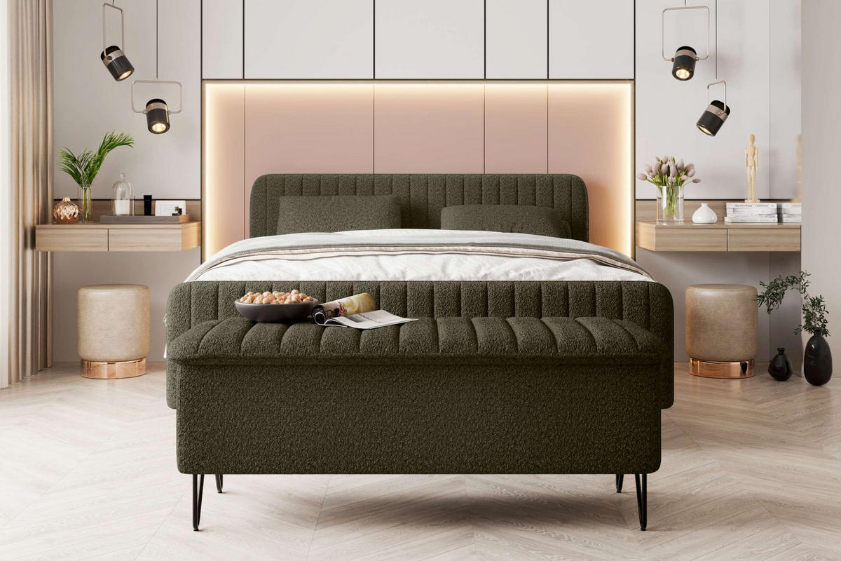 BOXSPRINGBETT LUCIO mit Hocker Bouclé-Stoff Olivgrün 180/200 cm - Schwarz/Olivgrün, Textil/Metall (180/200cm) - 99rooms