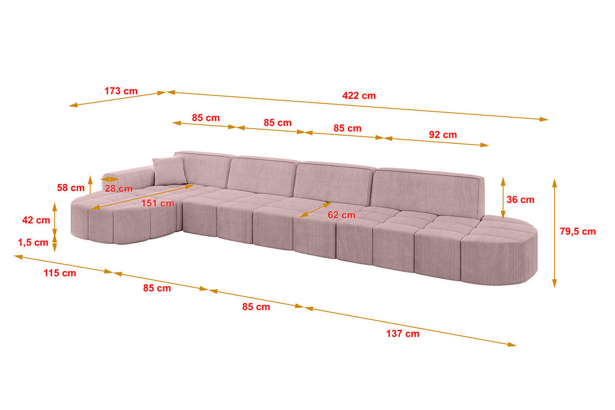 ECKSOFA Ottomane Links LIVO-L3 - 422x173x79,5 cm Rosa - Rosa, Holzwerkstoff/Textil (422/173cm) - ALTDECOR
