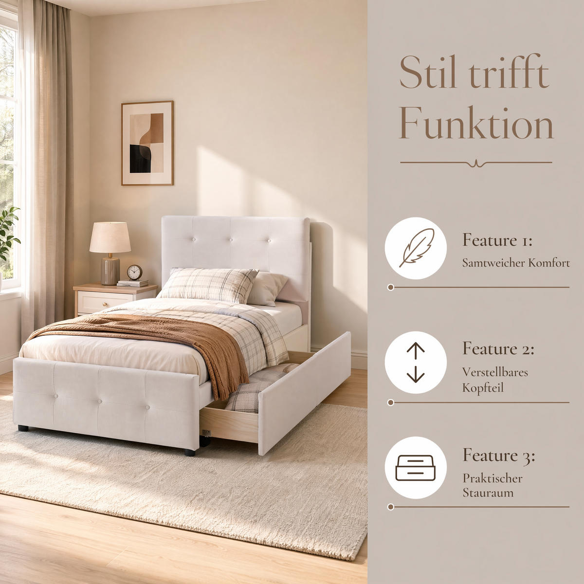 EINZELBETT 90x200 Samt Mit Stauraumschublade Stabil Lattenrost - Creme, Holz