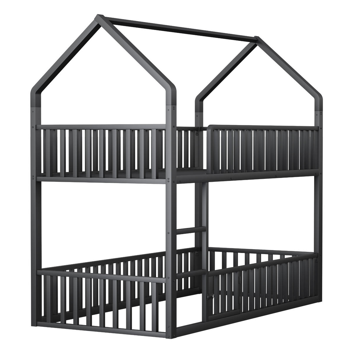ETAGENBETT 90/200 cm in Schwarz mit Leiter und Tür aus Metall - Schwarz, Metall (90/200cm) - CHICFURN