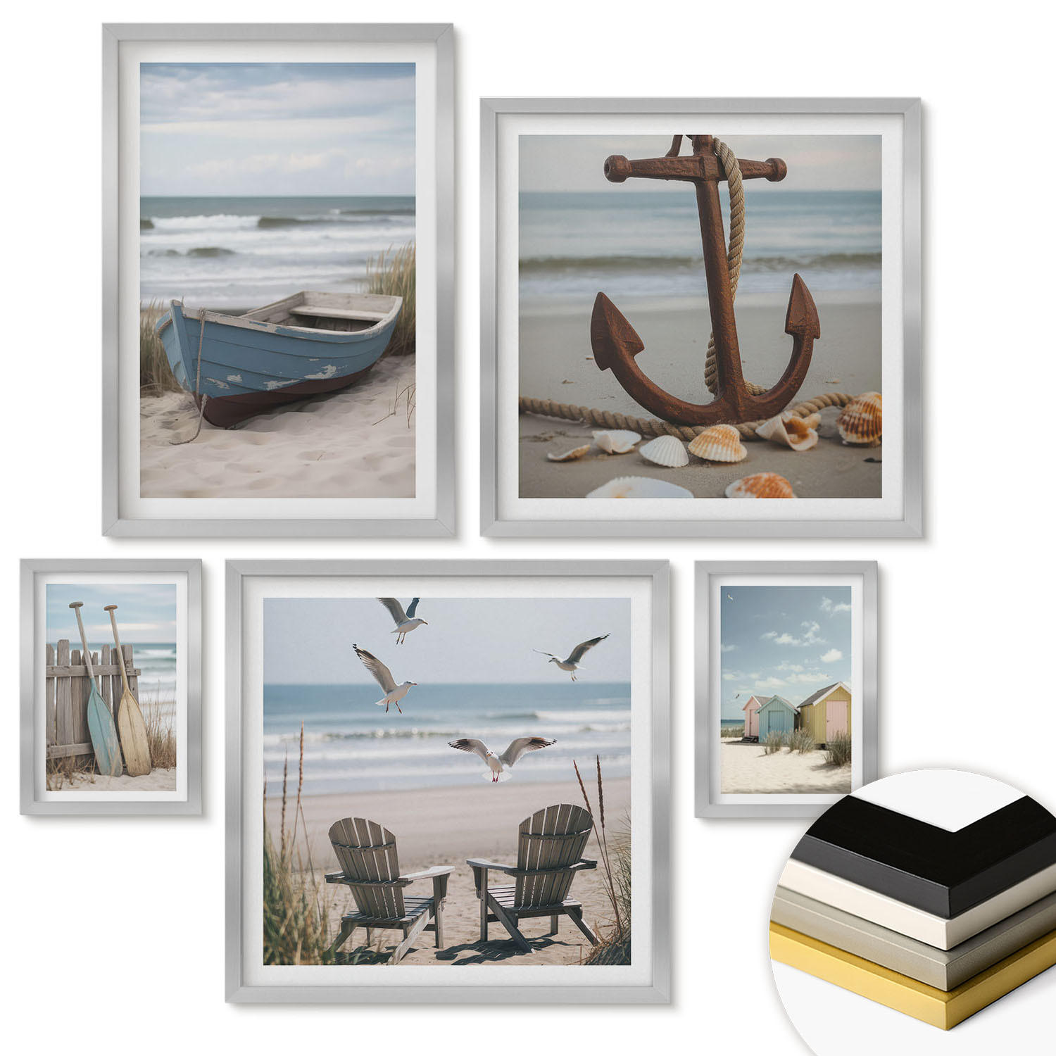 WANDBILDER 5er Set - 50x50 cm & 20x30 cm & 40x60 cm Silberner Rahmen - Abstrakte Pflanzenmotive - Silberfarben, Kunststoff (40/60cm) - ArtPrintCave