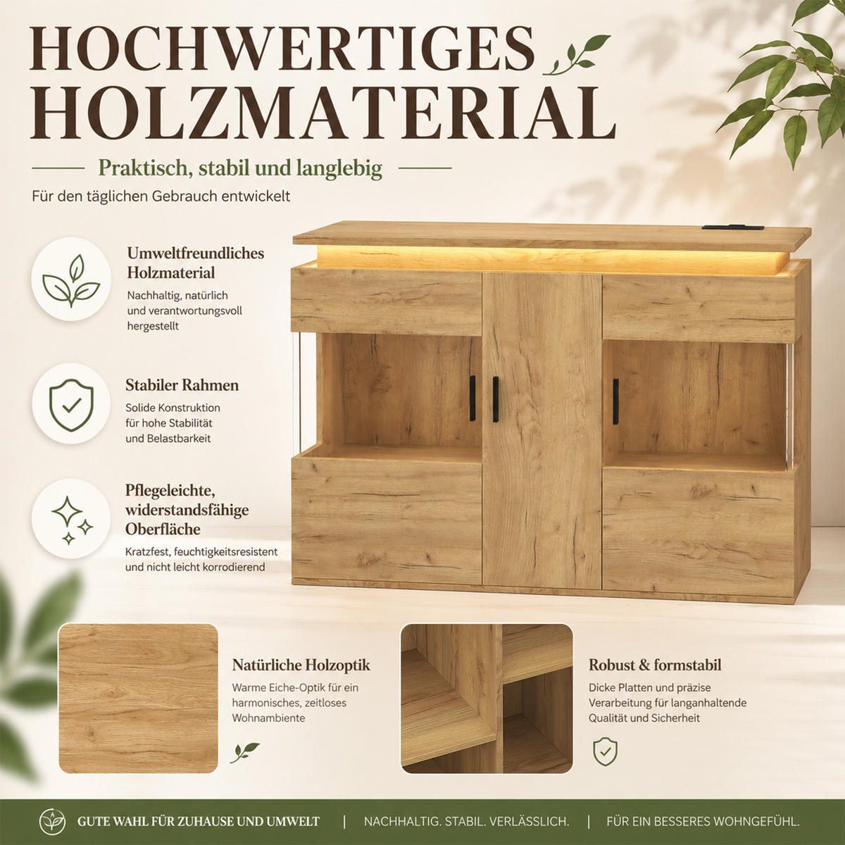 SIDEBOARD mit LED/USB-C Ladestation, Glastüren, 120x40x79,5 cm - Eichefarben/Schwarz, Holz (120/79.5/40cm) - LVHOM