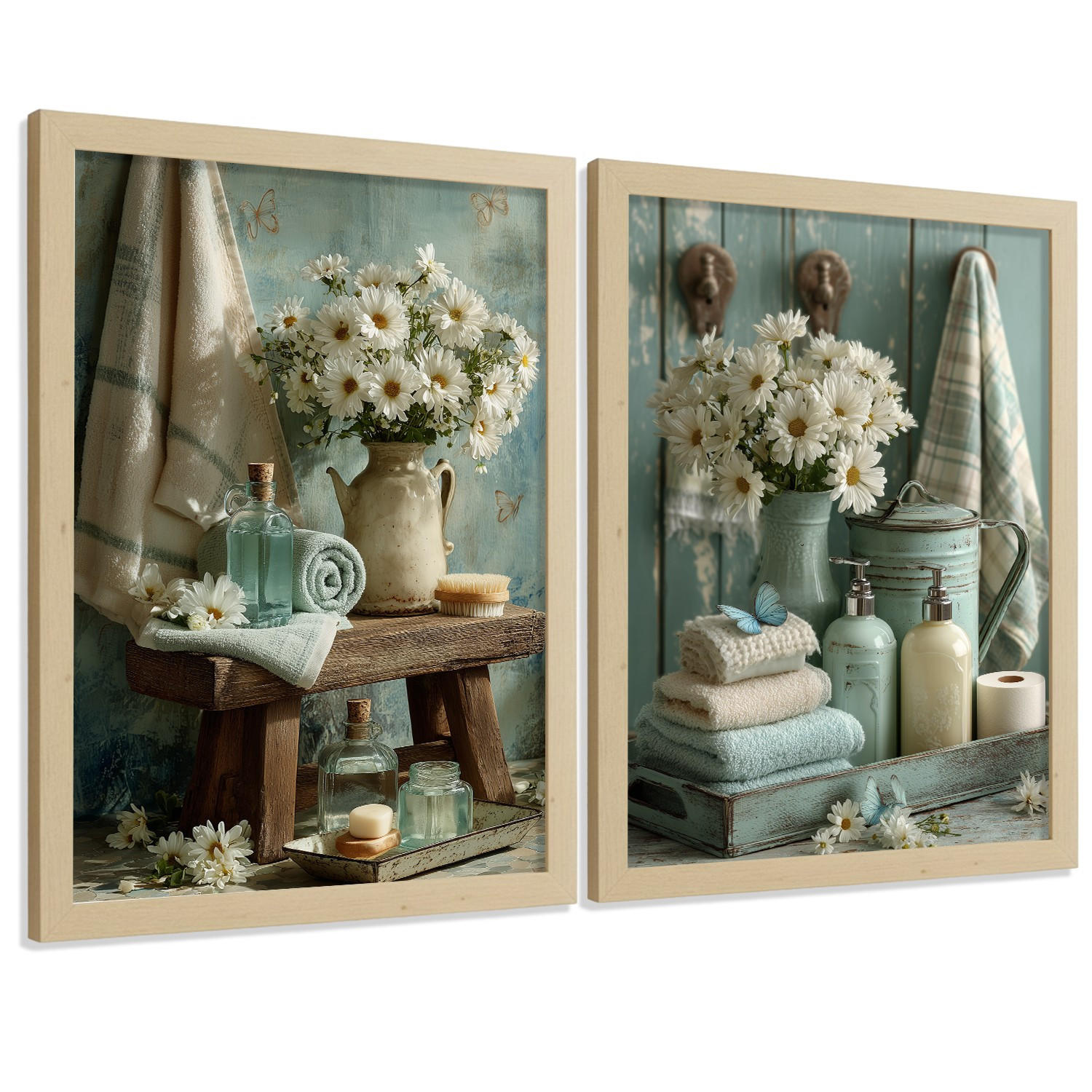 Nacnic PLAKÁT Sada 2 dekorativních koupelnových tisků, květinové v shabby chic Bezrámové A4