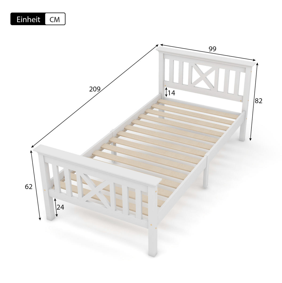 JEDNOLŮŽKO 90/200 cm bílé z masivního dřeva s X čelem a roštem - bílá, dřevo (90/200cm) - OKWISH