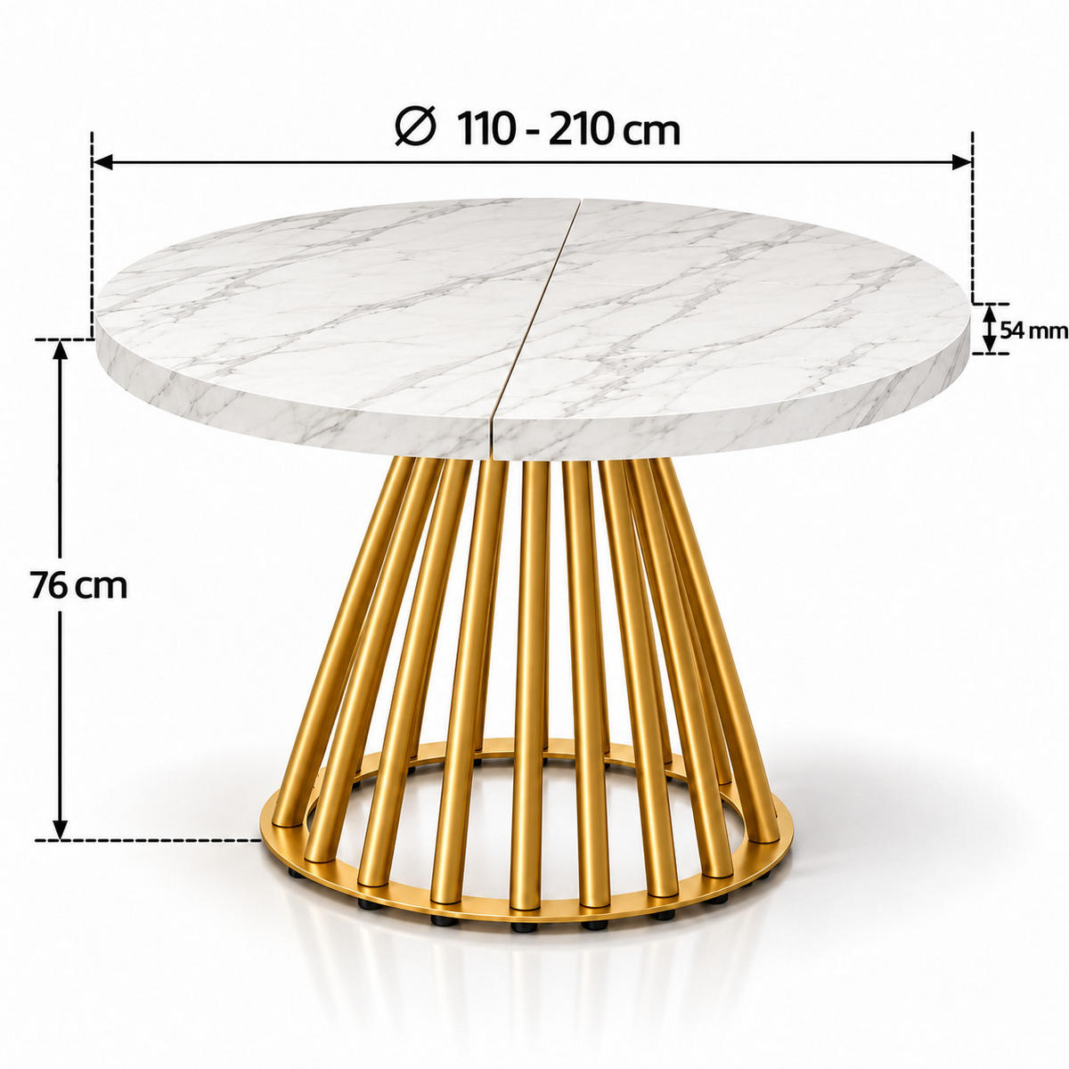 ESSTISCH rund ausziehbar 110/210/76 cm, Marmor, 54 cm Tischplatte + Lamellen-Metallgestell Gold - Goldfarben/Hellgrau, Holzwerkstoff/Metall (110/210/76cm) - Damale Möbel