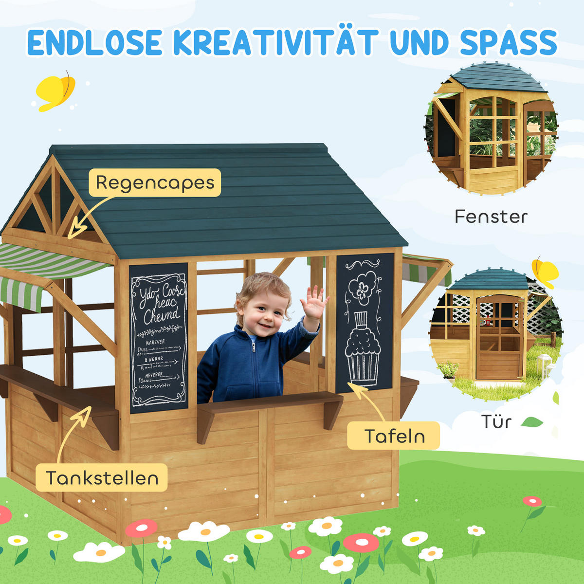 Kinderspielhaus Tannenholz Braun - Braun, Holz (117/144/173cm) - AIYAPLAY