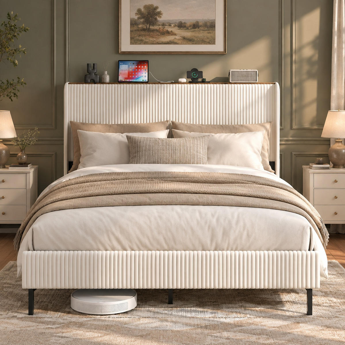 POLSTERBETT 160/200 mit Metalllatten und Flügel-Kopfteil in Grau - Beige, Textil/Metall (160/200cm) - EVRYAE