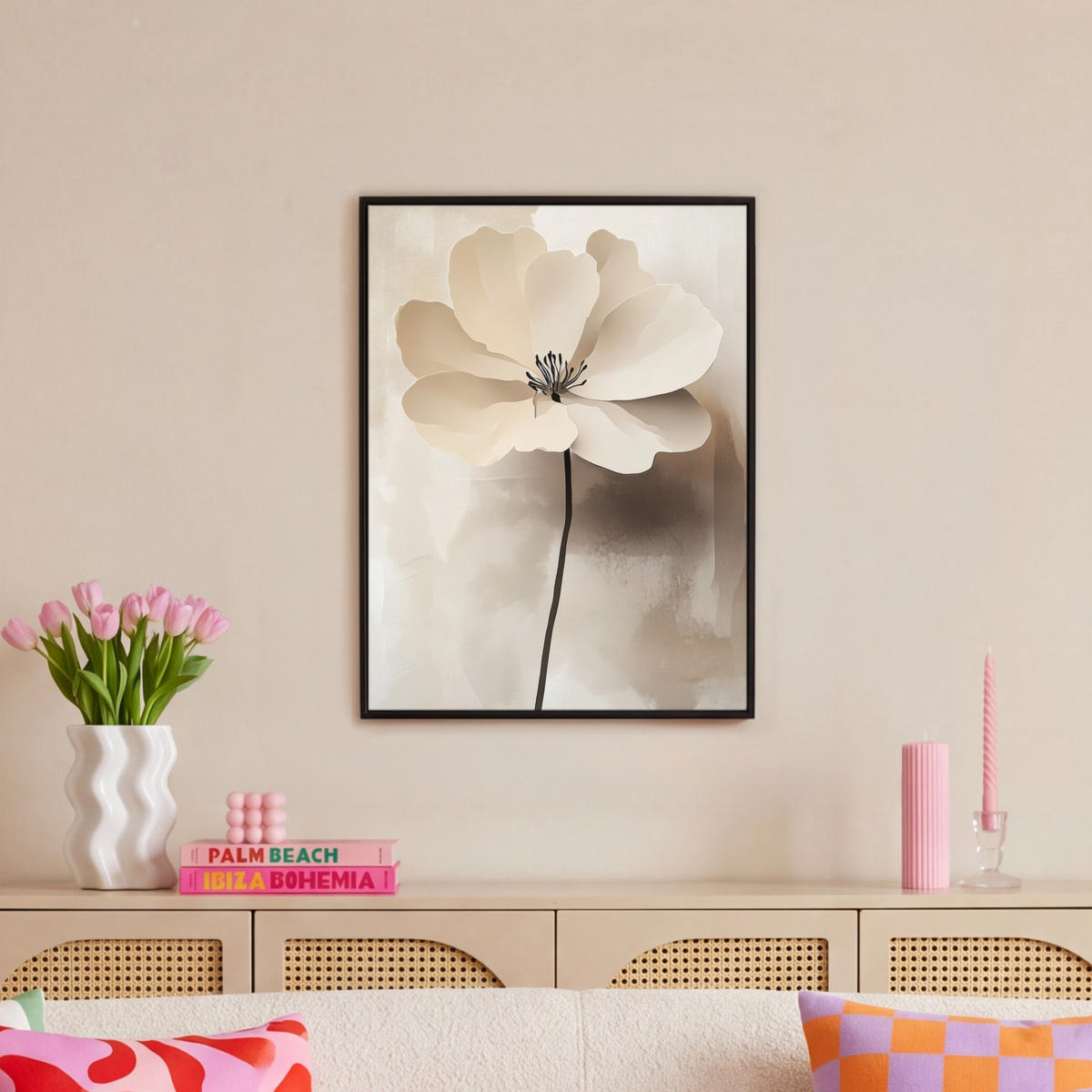 LEINWAND Bilder mit Rahmen - Blume - Beige - Farbe - Schatten - 60x80 - Creme, Textil (60/80cm) - MuchoWow