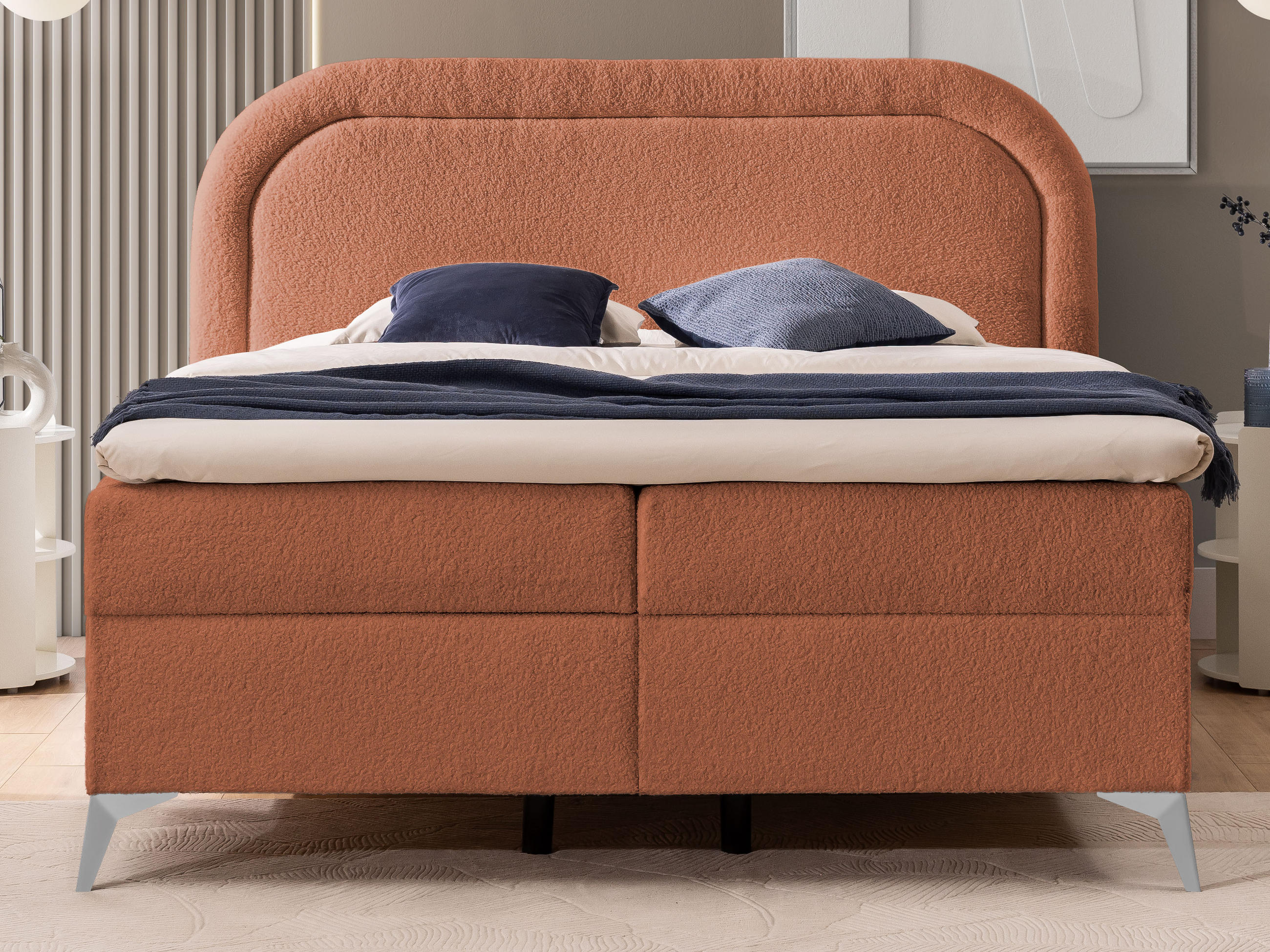 Thumbnail - S-Style Möbel Boxbett, Terracotta, Silber, Textil, Echtholz, Teilmassiv,Birke, Buche, 2-Sitzer, H3, 140x200 cm, Blauer E...