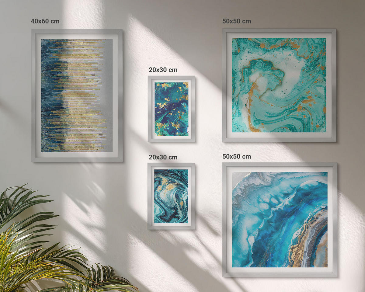 BILDER SET 5er Set - 50x50 cm & 20x30 cm & 40x60 cm Silberner Rahmen - Wilde Landschaften, Berge, Hirsche - Silberfarben, Kunststoff (40/60cm) - TULUP