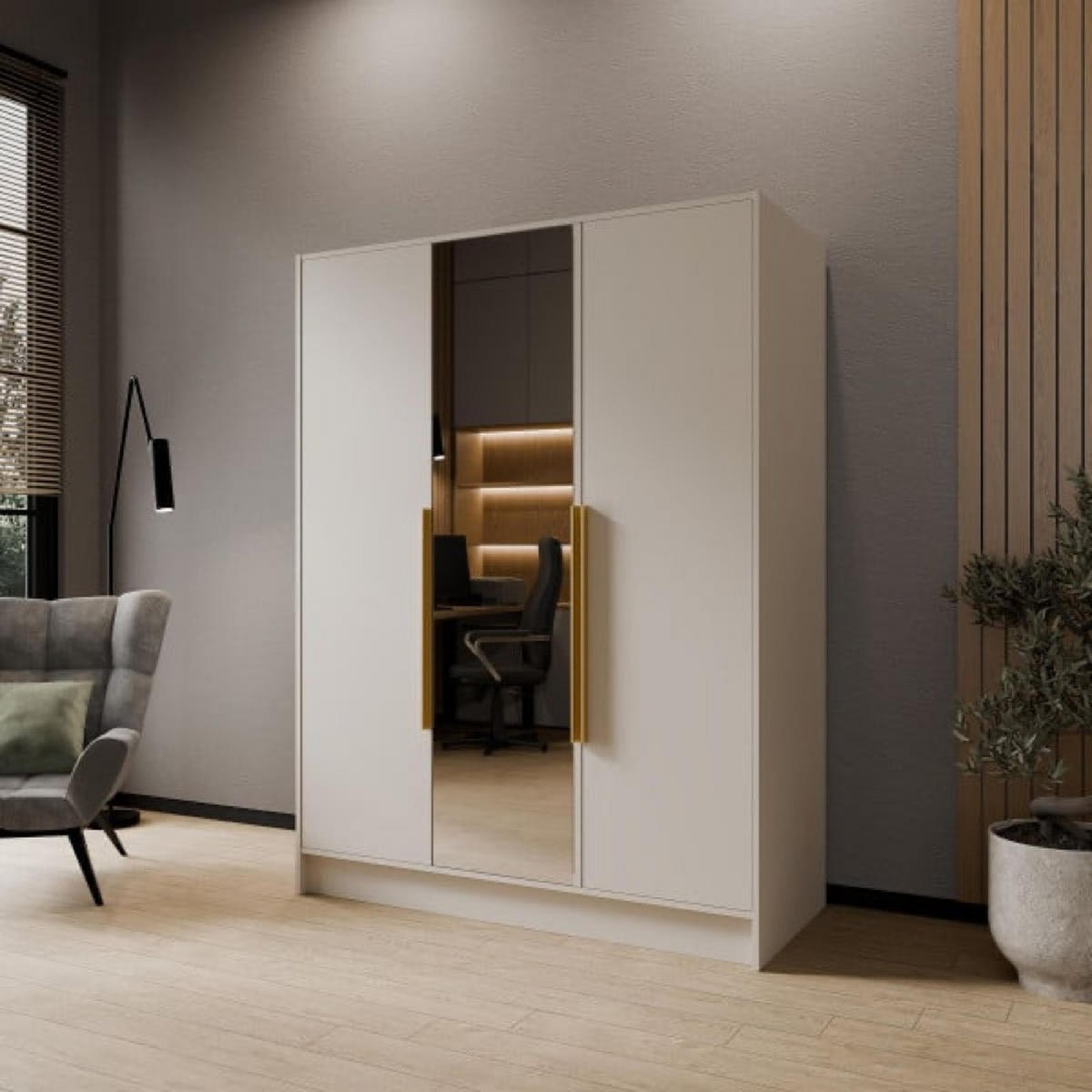 SCHRANK Kaschmir LUSO Mit Spiegel Und Goldenen Griffen 150 g - Beige, Holzwerkstoff (150/200/51cm) - Sepro Meble