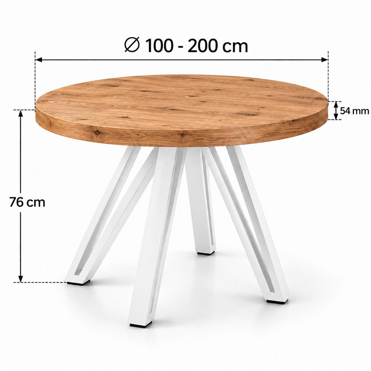 ESSTISCH rund ausziehbar 100/200/76 cm, Eiche Craft, 54 cm Tischplatte + Industrial Metallgestell Weiß - Eichefarben/Weiß, Holzwerkstoff/Metall (100/200/76cm) - Damale Möbel