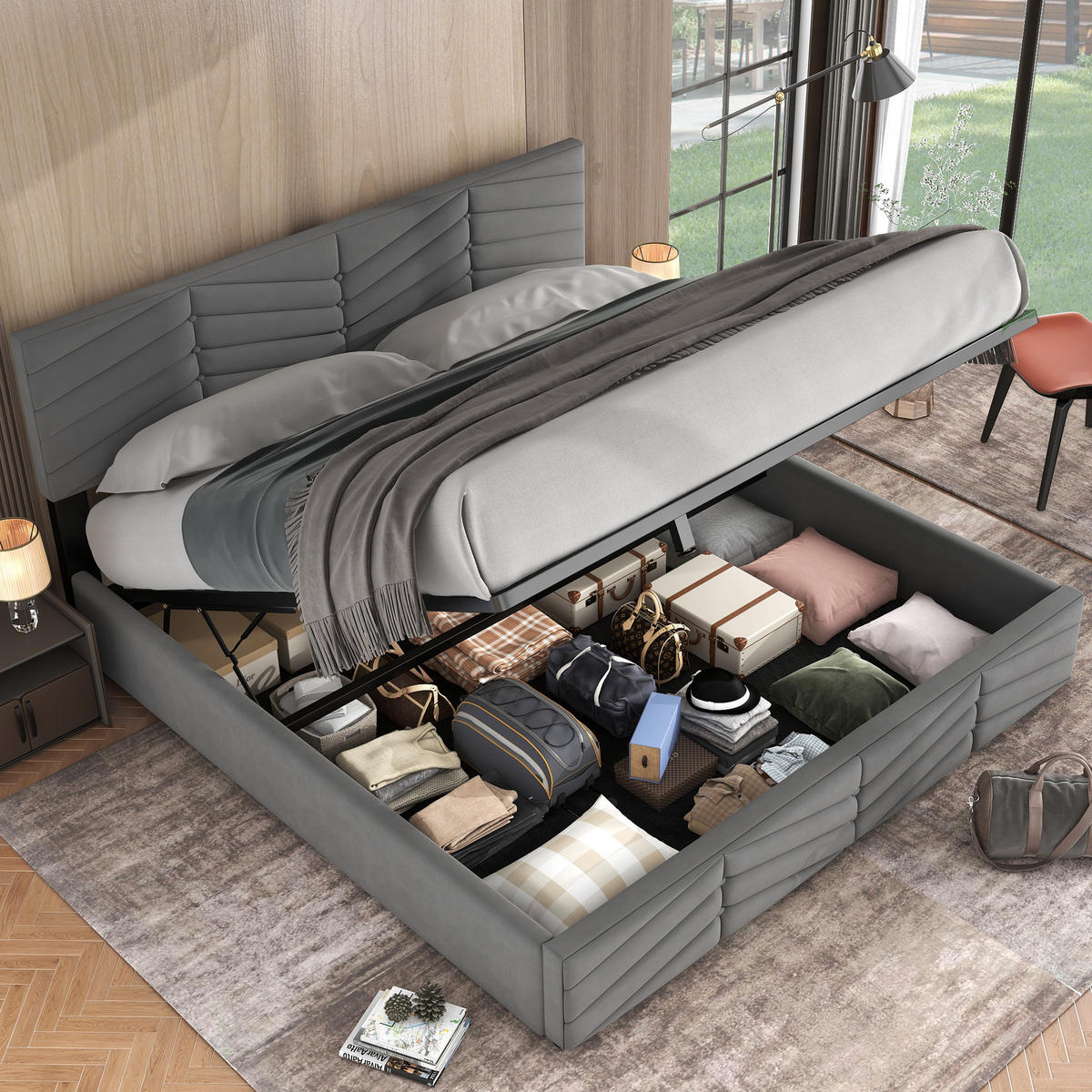 POLSTERBETT 160/200 cm grau mit Stauraum und höhenverstellbarem Kopfteil - Grau, Textil (160/200cm) - OKWISH