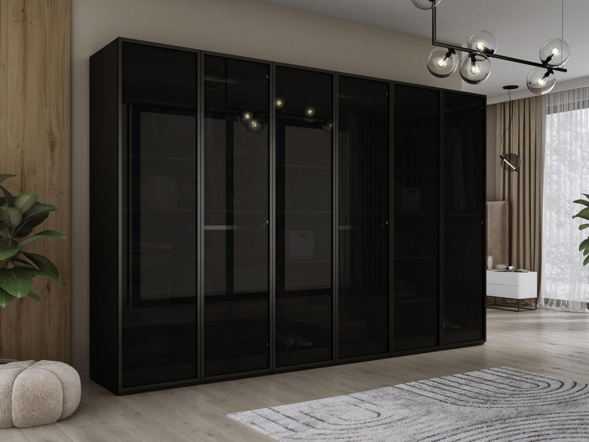 KLEIDERSCHRANK, Graphitschwarz / Antisol Glas, 300 x 200 x 51 cm - Graphitfarben/Schwarz, Holzwerkstoff (300/200/51cm) - 3XE LIVING