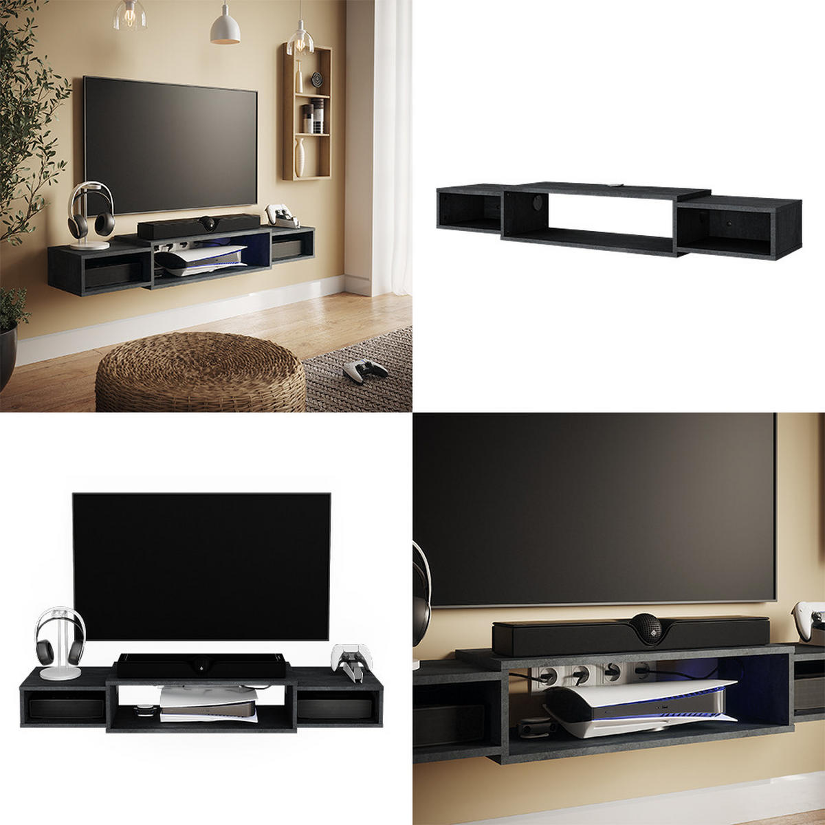 TV-SCHRANK Nordic Schwarz Beton 139.7 x 20.3 cm mit offenen Regalen - Schwarz, Holzwerkstoff (139.7/20.3/29cm) - Vicco