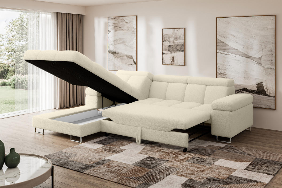 ECKSOFA mit Schlaffunktion Ottomane Links COMA L 271x203x79 Beige Bouclé - Sandfarben, Holzwerkstoff/Textil (271/203cm) - ALTDECOR