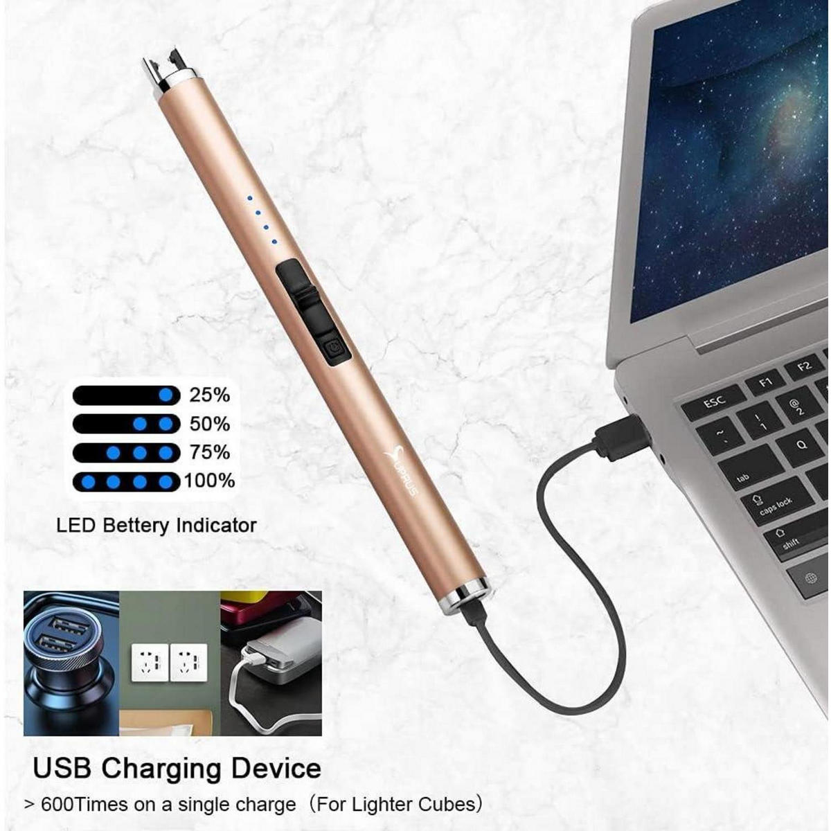 STABFEUERZEUG USB Aufladbar Winddicht Gold - Bronzefarben, Metall (2/1/6cm)