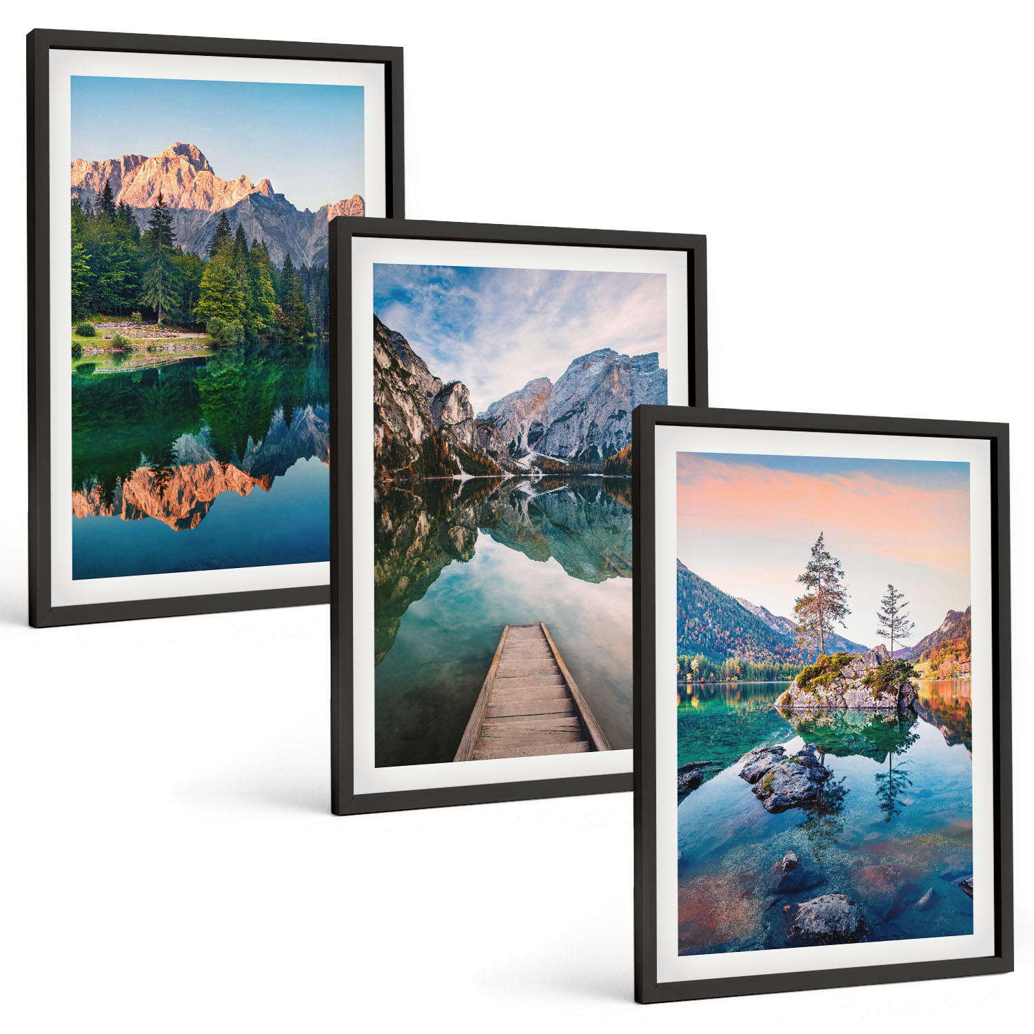BILDER SET 3er Set - 40x60 cm Schwarzer Rahmen - Spiegelung des Waldes in Bergseen - Schwarz, Kunststoff (40/60cm) - TULUP