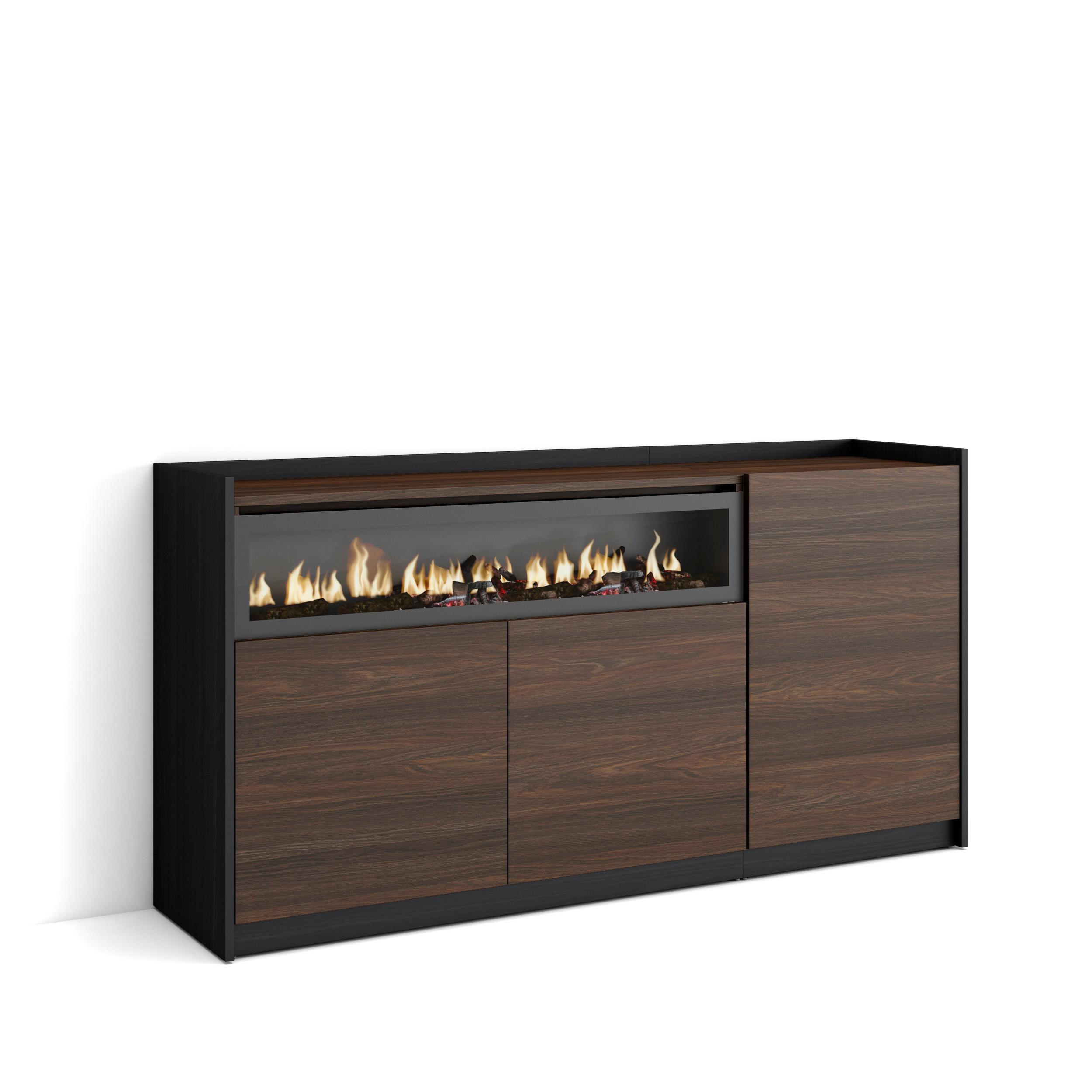 SIDEBOARD, Dunkler Eiche und Schwarz, Elektrokamin, 156/37/80cm - Dunkelbraun, Holzwerkstoff (156/80/37cm) - Skraut Home