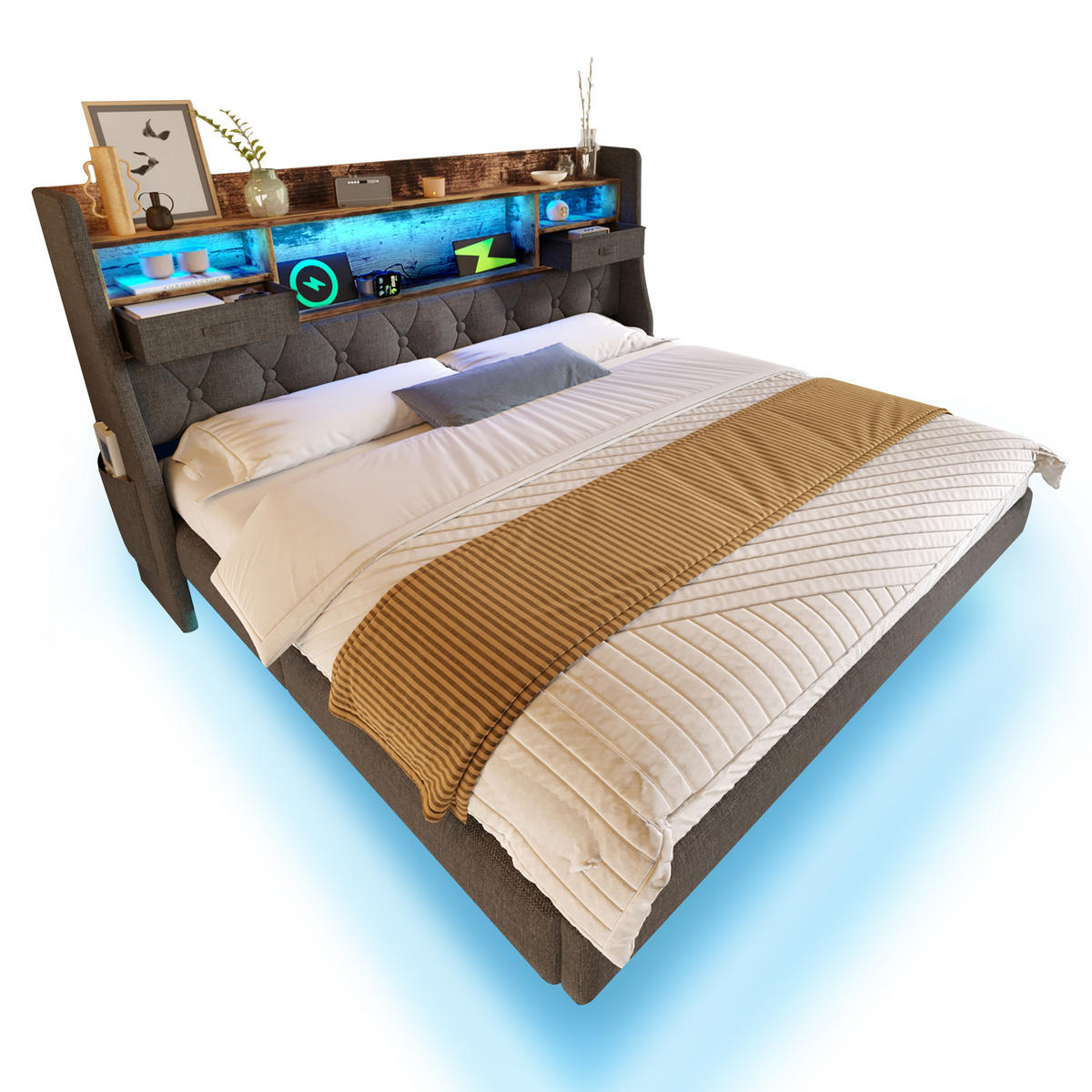 POLSTERBETT 160/200 cm mit LED-Beleuchtung, USB- und Type-C-Anschluss, Stauraum-Kopfteil und Matratze aus Leinen, Grau - Grau, Textil (160/200cm) - Redom