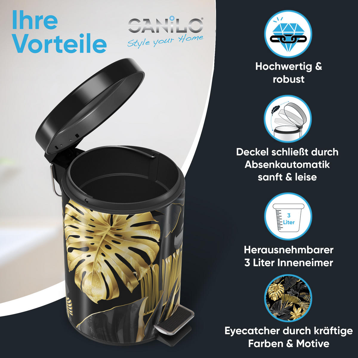 KOSMETIKEIMER Golden Leaves - Goldfarben/Schwarz, Kunststoff/Metall (17/25/25cm) - Sanilo