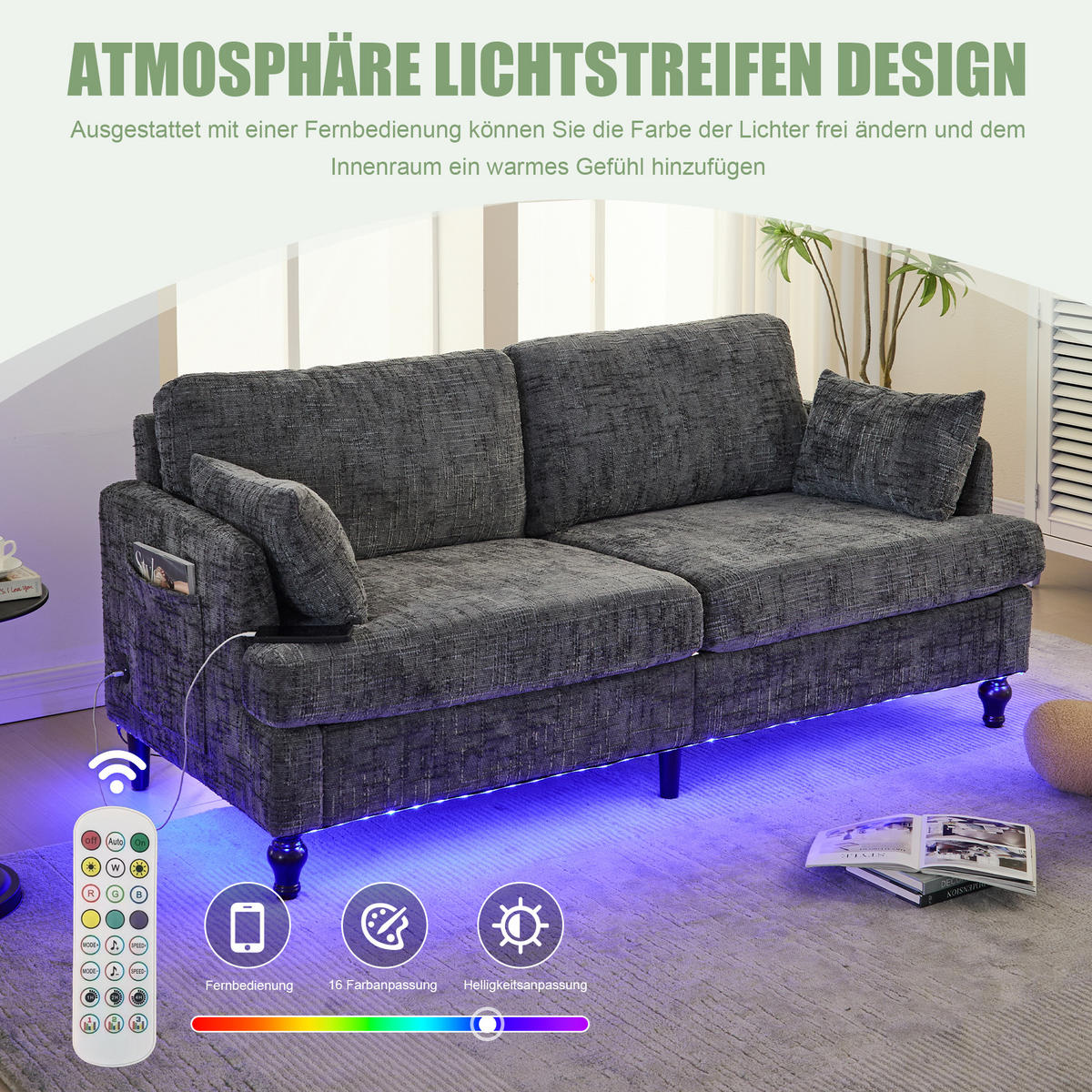 2-SITZER Sofa Chenille mit LED und USB-Anschluss 175/83/78 cm Grau - Grau, Textil (175/78/83cm) - Redom