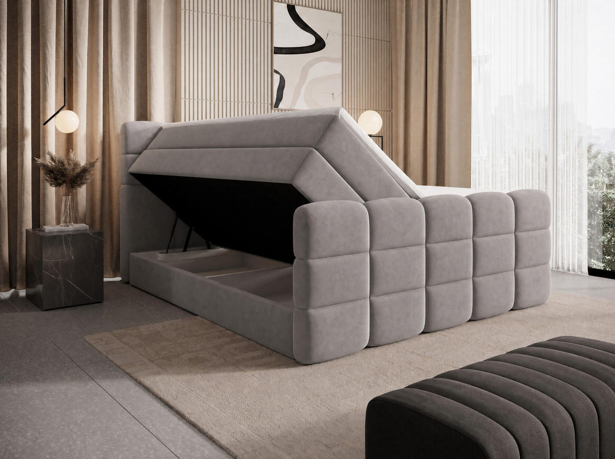 BOXSPRINGBETT Carenzo 2 Hellgrau 160/200 cm H2/H3 mit premium Topper - Hellgrau, Textil (160/200cm) - wonello
