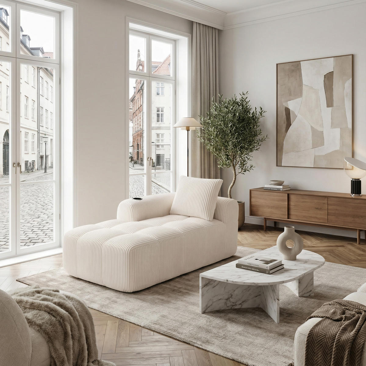 CHAISELONGUE in Cord (158 cm) mit Getränkehalter & Seitentaschen - Beige, Textil (158/61/93cm) - Urban Meuble