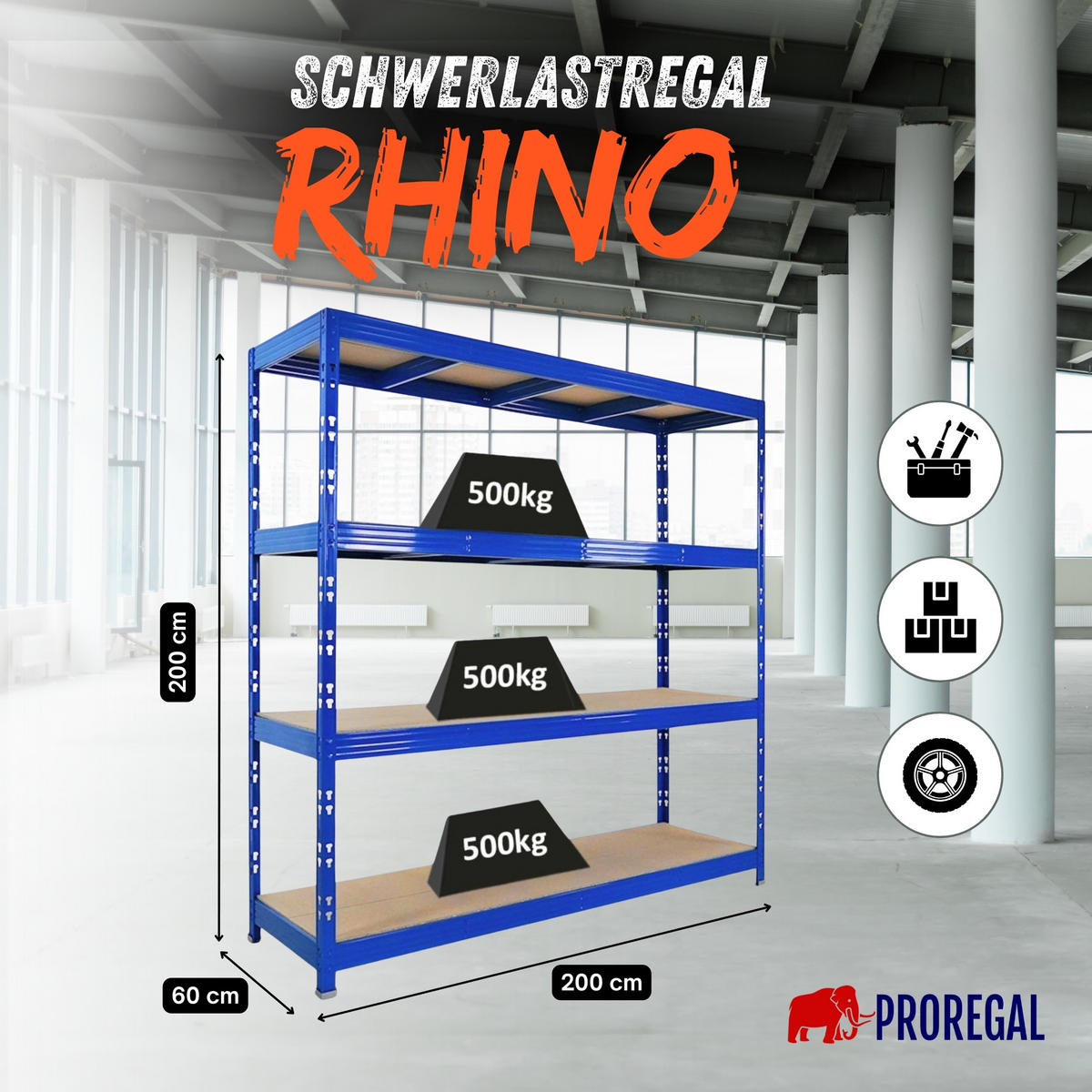 SCHWERLASTREGAL Rhino 200x200x60 cm 4 Spanplatten-Ebenen 8mm Fachlast 500 kg Blau - Blau, Metall (200/200/60cm) - PROREGAL