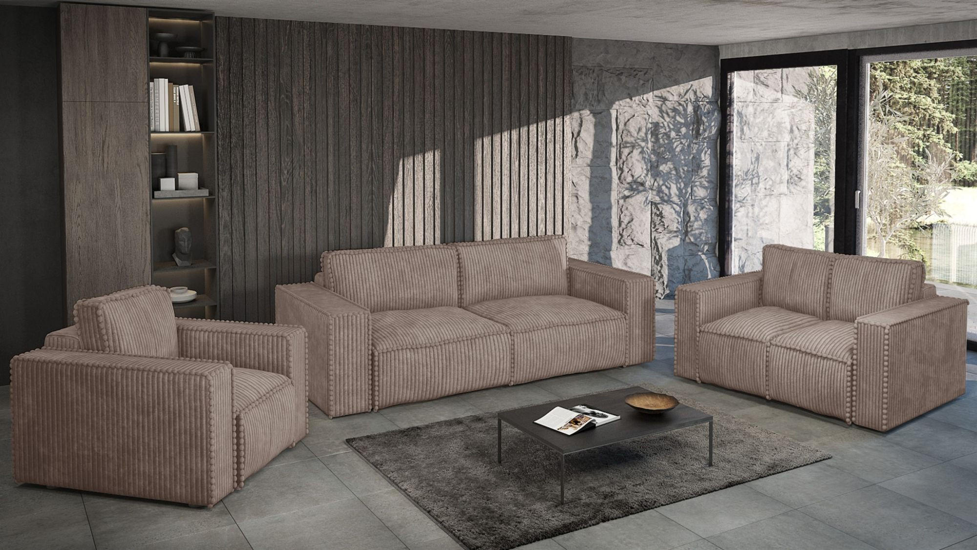 SOFASET Vajana 3-2-1 - Beige, Holzwerkstoff/Textil (240/86/102cm) - Fun Möbel