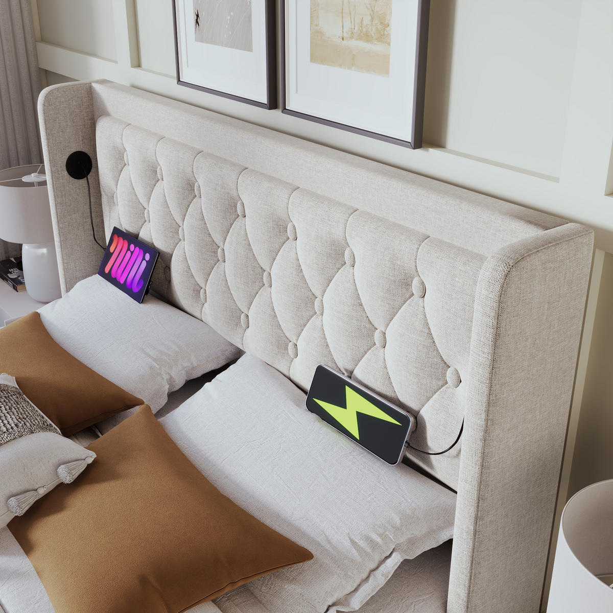 POLSTERBETT 160/200 cm Beige Baumwolle mit USB- und Type-C-Anschlüssen und 3-seitiger LED-Beleuchtung - Beige, Textil (160/200cm) - OKWISH