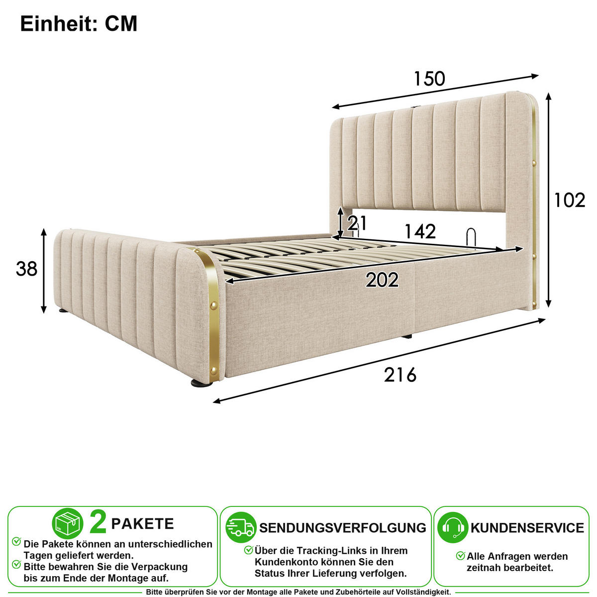 POLSTERBETT 140/200 cm in Beige Leinen mit Bettkasten, USB und Type-C - Beige, Holzwerkstoff/Textil (140/200cm) - CHICFURN