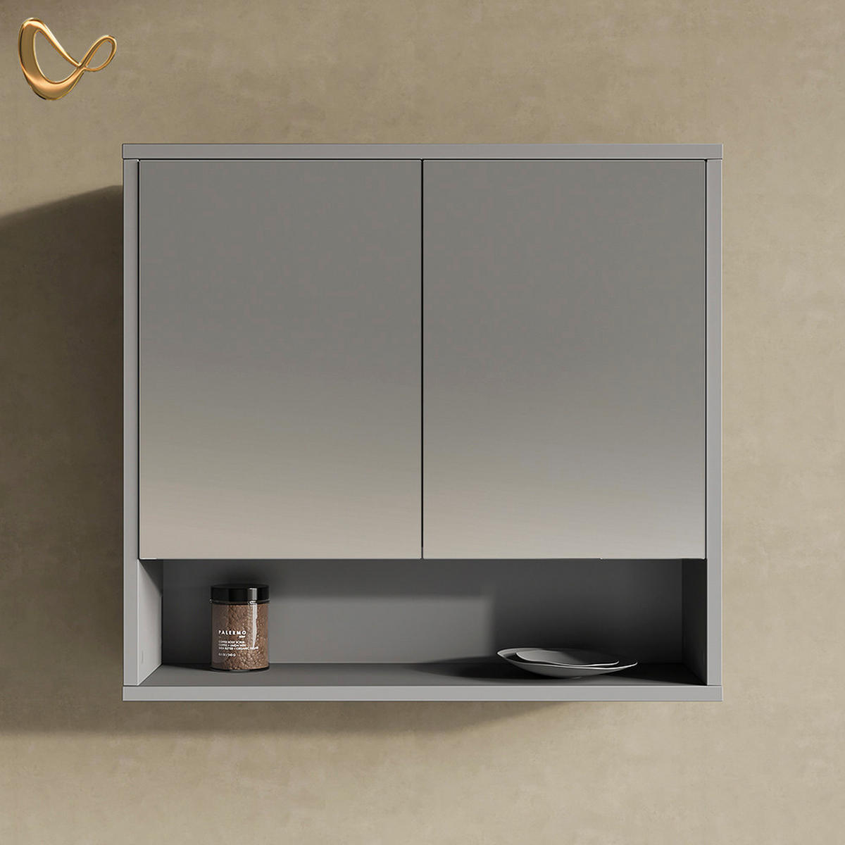 BADSPIEGELSCHRANK ATERNO Grau 70 x 65 cm mit 2 Türen - Grau, Holzwerkstoff (70/65/22.1cm) - Livinity®