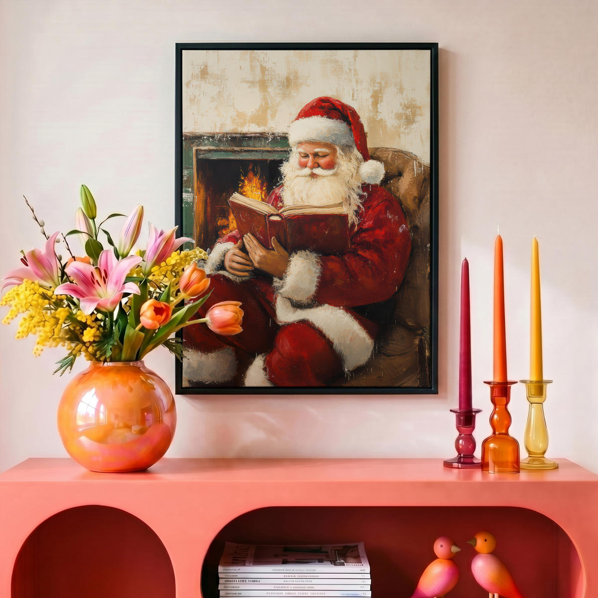 LEINWAND Bilder mit Rahmen - Weihnachten - Weihnachtsmann - Winter - Open Fireside - 30x40 - Dunkelrot, Textil (30/40cm) - MuchoWow