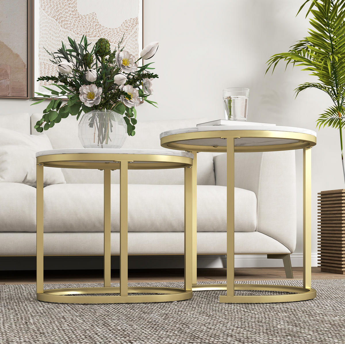 COUCHTISCH Ø50/50.5 cm und 60/36/43.5 cm Weiß aus MDF mit Stahlrahmen, stapelbar - Weiß, Holzwerkstoff (50/50/50.5cm) - OKMYHOME