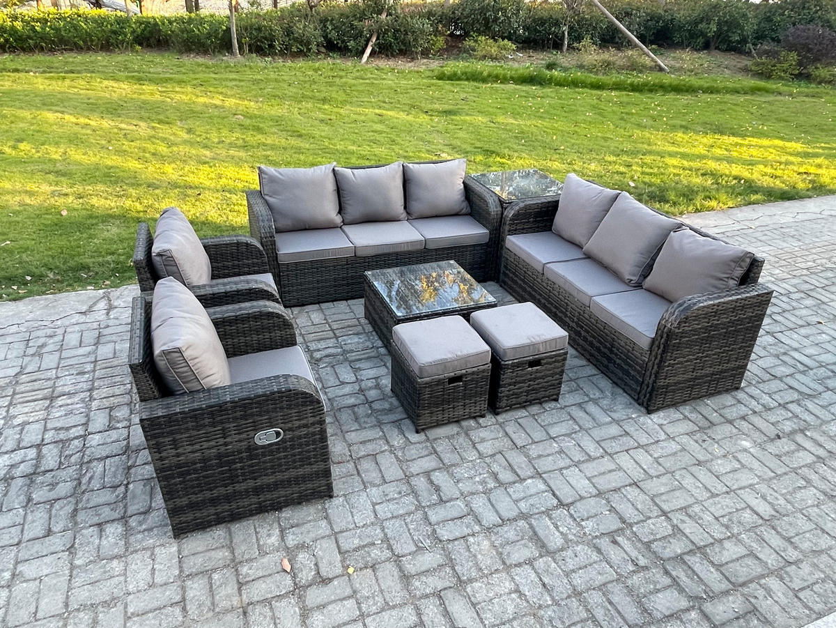 GARTENTISCHGRUPPE Polyrattan Dunkelgrau 8-teilige - Dunkelgrau/Grau, Glas/Kunststoff - Fimous