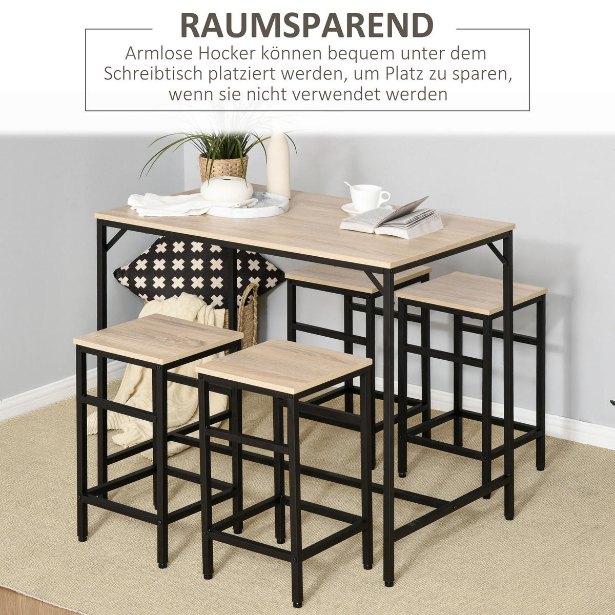 BARTISCH-SET, Spanplatte, Stahl, Eiche - Eichefarben, Kunststoff (60/88/100cm) - HOMCOM