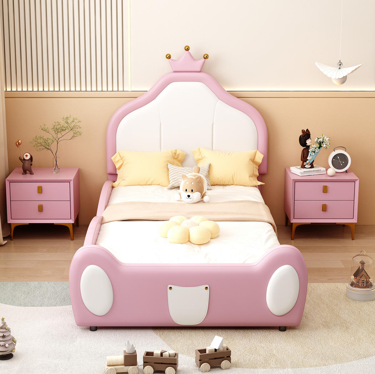 KINDERBETT Polsterbett 90/200 cm aus Kunstleder mit kronenförmigem Kopfteil Rosa/Weiß - Rosa, Textil (90/200cm) - Modenvie