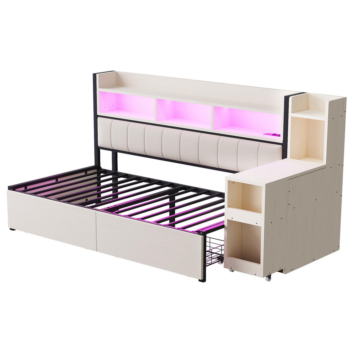 BETT 90/200 cm mit Schreibtisch und Stauraum Weiß Metall & Holz - Weiß, Metall (90/200cm) - OKWISH