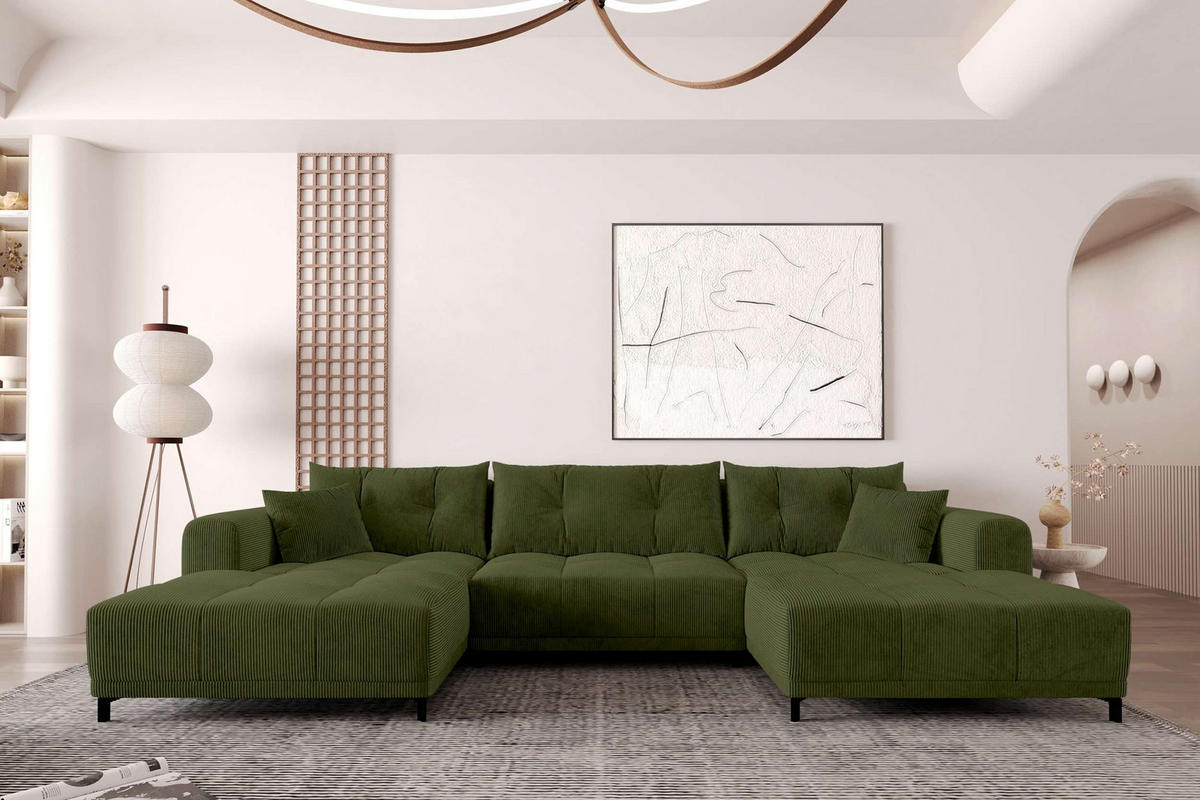 WOHNLANDSCHAFT Massimo Cordstoff Olivgrün inkl. Schlaffunktion - Schwarz/Olivgrün, Textil/Metall (356/94/181cm) - 99rooms