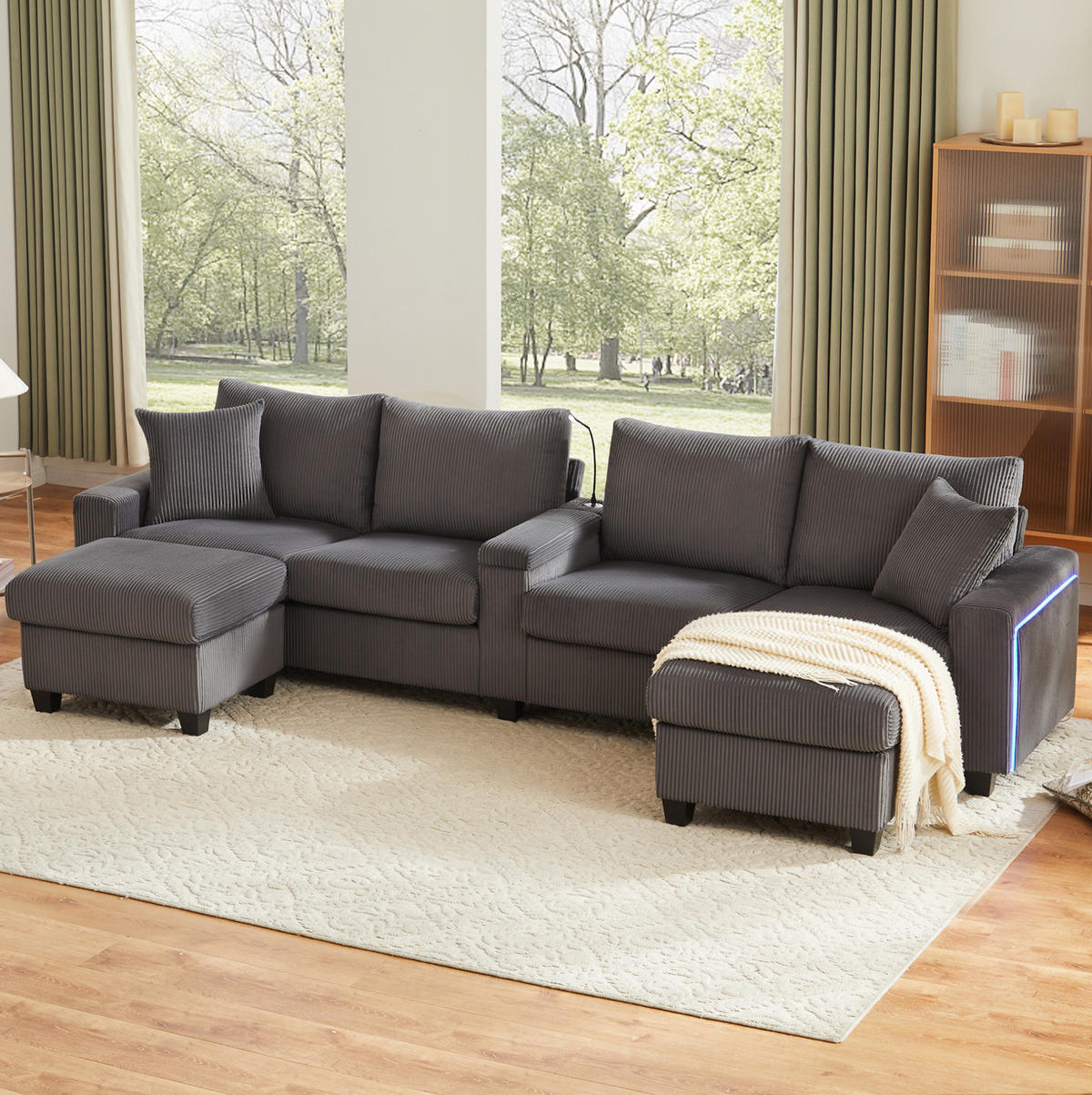 SOFA in U-Form mit 2 Hockern Grau Cord 334 cm - Grau, Holz (128.5/81/334cm) - Meubliv