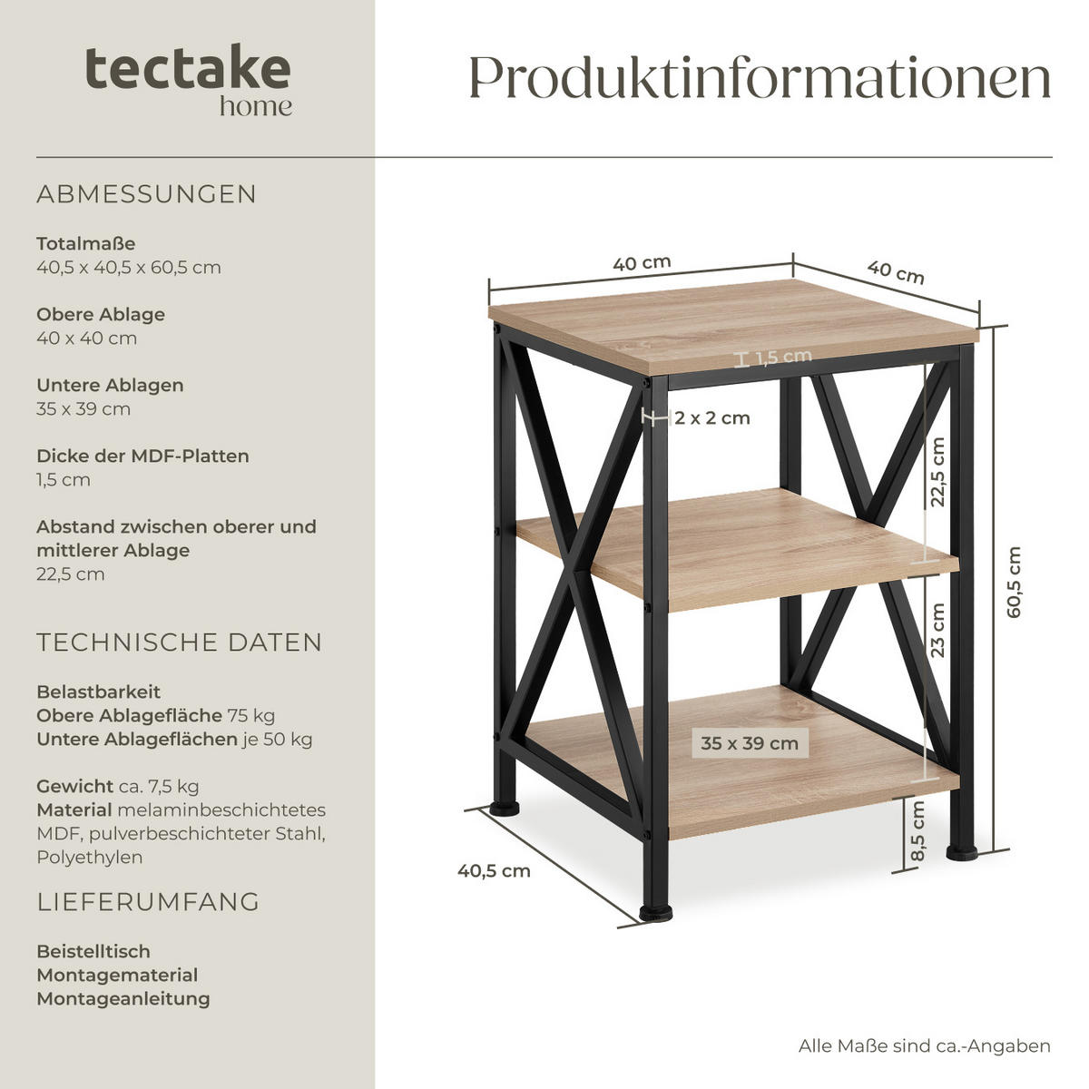 BEISTELLTISCH Nottingham,40,5 x 40,5 x 60,5 cm,Industrial Holz hell, Eiche Sonoma - Naturfarben, Holz (40.5/40.5/60.5cm) - tectake
